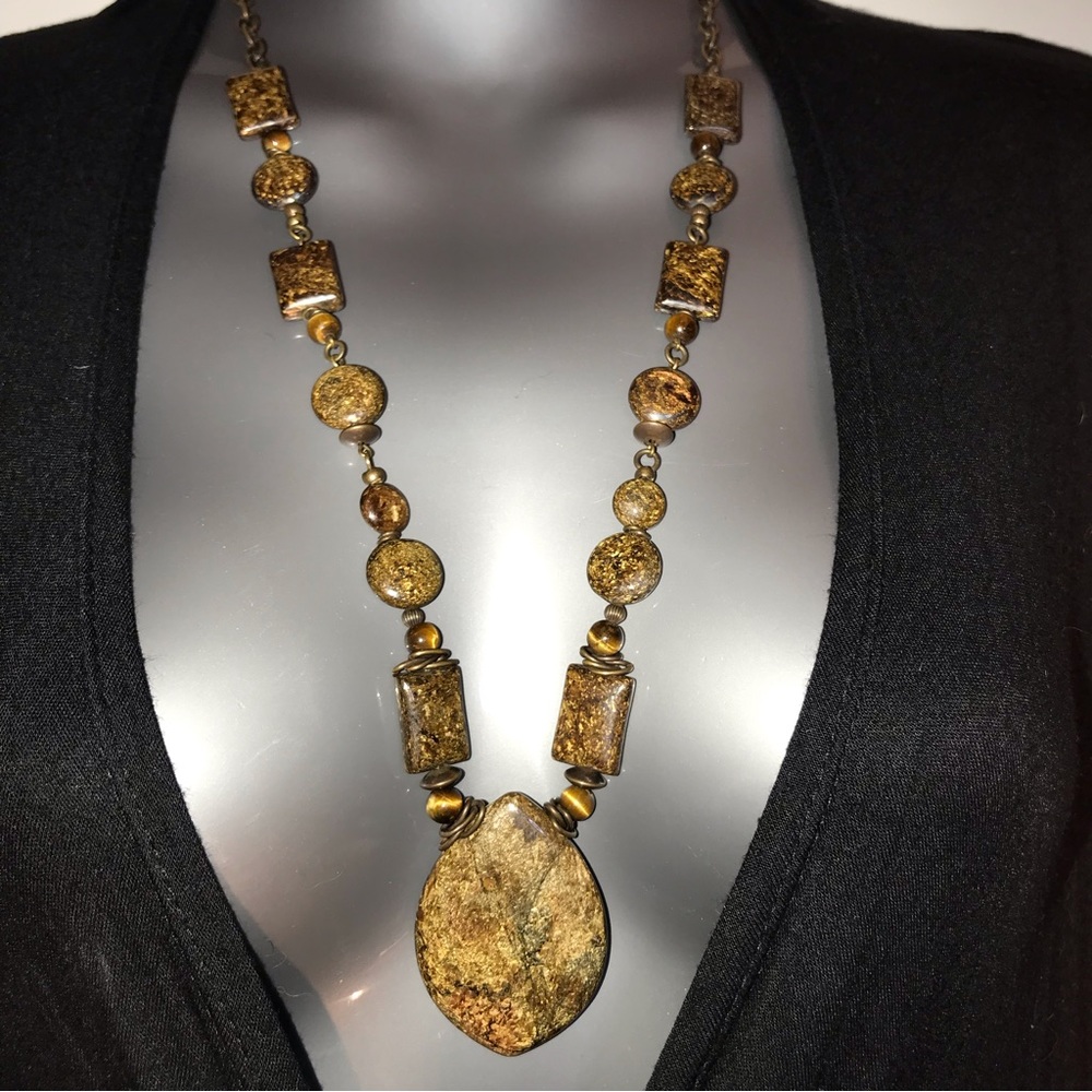 *SOLD ON Ⓜ️*  Bronzite & Tiger Eye Necklace Bronze Tone Chain 26” Natural Stone